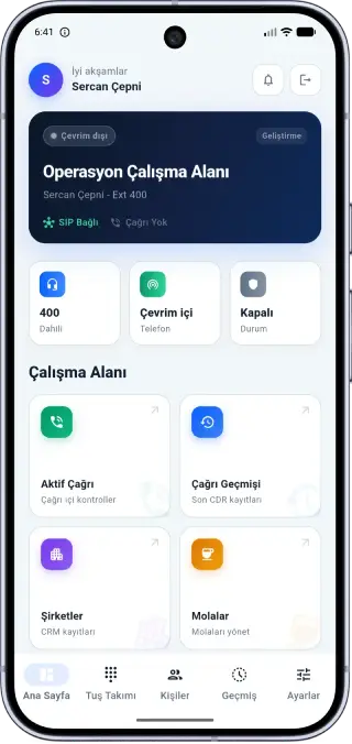 CallTech mobil uygulama — Operasyon çalışma alanı, dahili numara, çağrı geçmişi ve şirketler ekranı